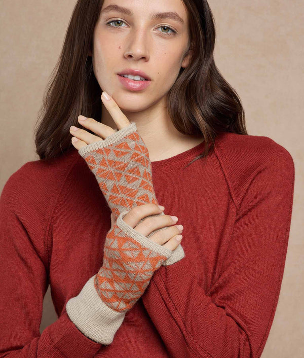 Flowers Reversible Mittens — Orange Melange And Beige — orange melange and beige baby alpaca by Sol Alpaca