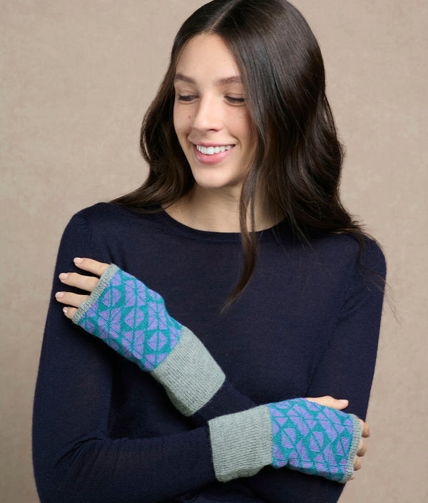 Flowers Reversible Mittens — Lilac And Turquoise — lilac and turquoise baby alpaca by Sol Alpaca