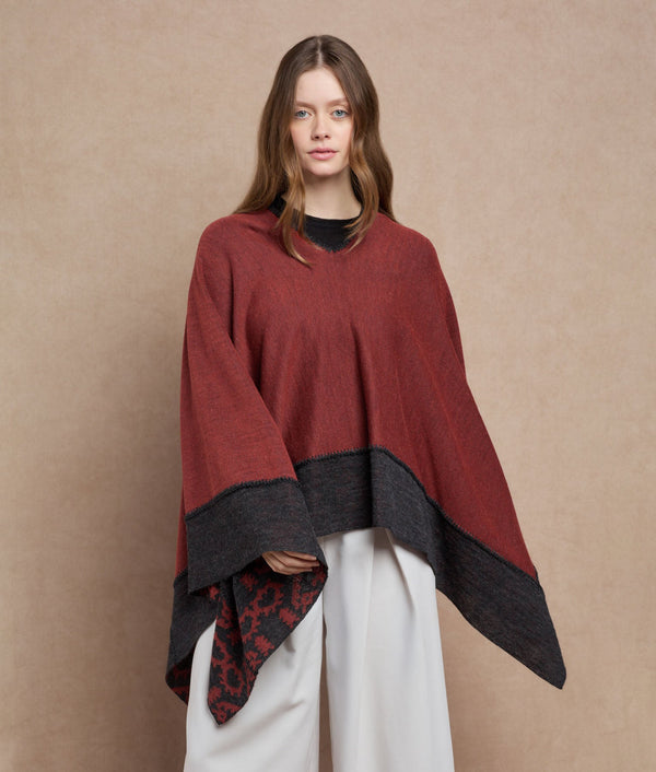 Duble Face Trimmed Poncho — Red Wine And Carbon Gray — red wine and charcoal gray baby alpaca by Sol Alpaca