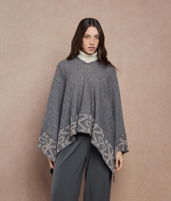 Duble Face Trimmed Poncho — Warm Beige And Medium Gray — warm beige and medium gray baby alpaca by Sol Alpaca