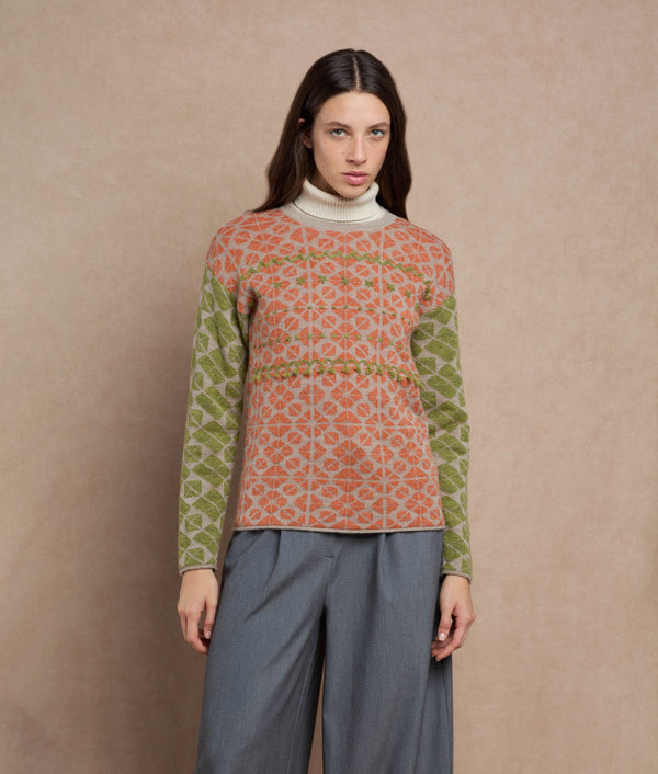 Adorning Sweater — orange and olive green baby alpaca by Sol Alpaca
