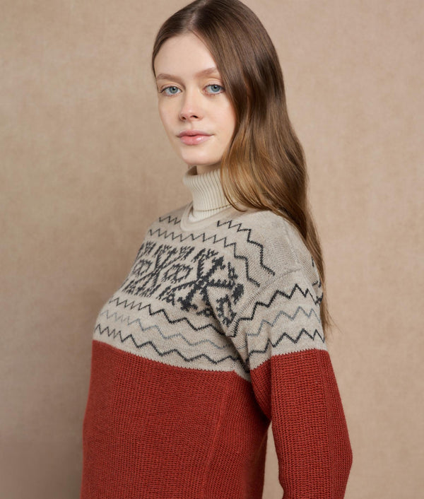 Snowy Andes Reversible Sweater — Clay Red And Beige — clay red and beige baby alpaca by Sol Alpaca