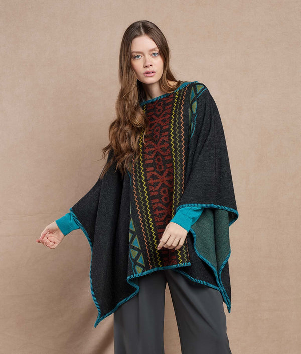 El Valle Poncho — Dark Gray And Turquoise — dark gray and turquoise baby alpaca by Sol Alpaca