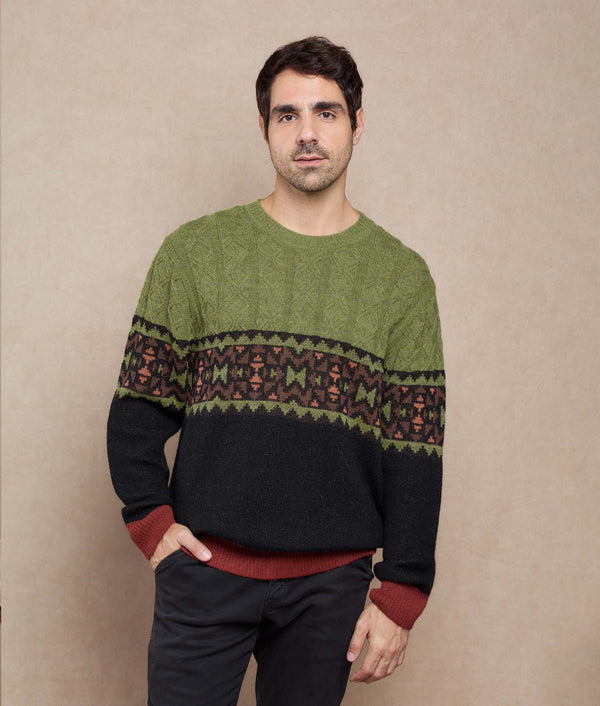 Shepherd Sweater — Olive Green And Black — olive green and black baby alpaca by Sol Alpaca