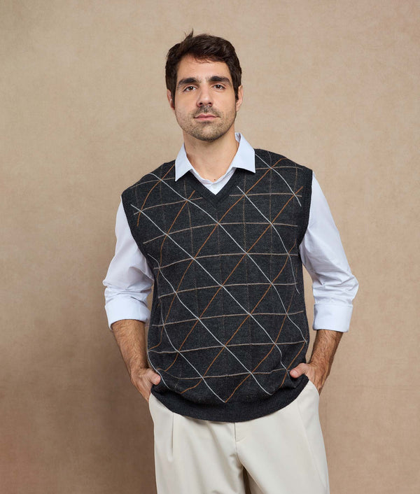 Embroidered V Neck Vest — Lead Asphalt And Copper Brown — lead asphalt and copper brown baby alpaca by Sol Alpaca