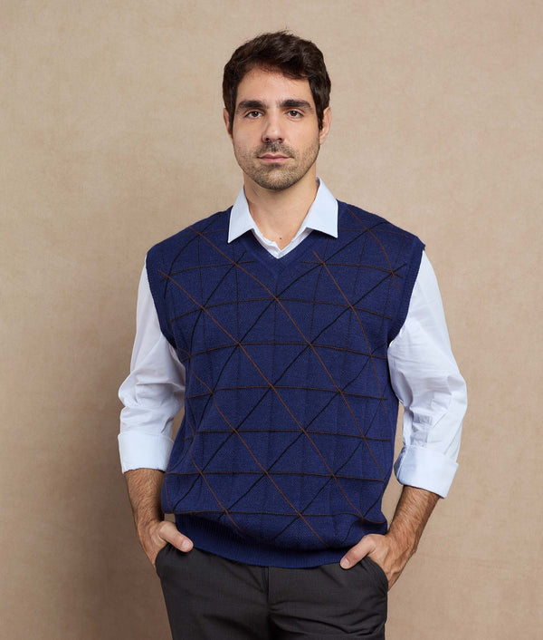 Embroidered V Neck Vest — Indigo Blue And Tobacco Brown — indigo blue and tobacco brown baby alpaca by Sol Alpaca
