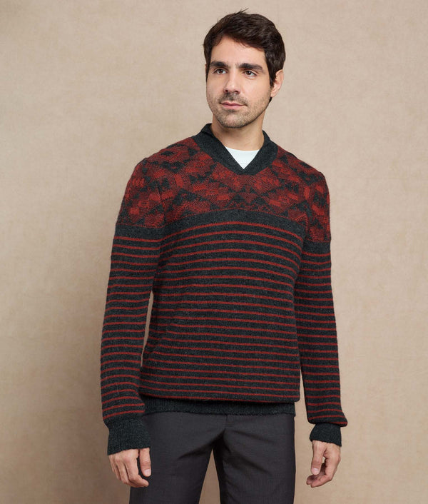 Ribbed Iconic Sweater — deep red and charcoal gray baby alpaca by Sol Alpaca