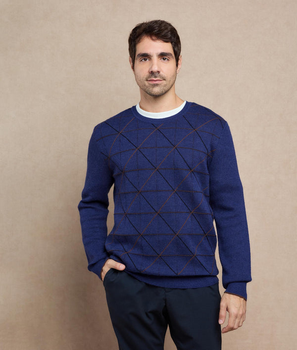 Embroidered Sweater — Indigo Blue And Tobacco Brown — indigo blue and tobacco brown baby alpaca by Sol Alpaca