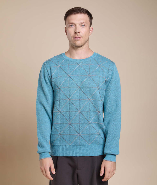 Men's Embroidered Sweater — Grey Turquoise — grey turquoise baby alpaca by Sol Alpaca