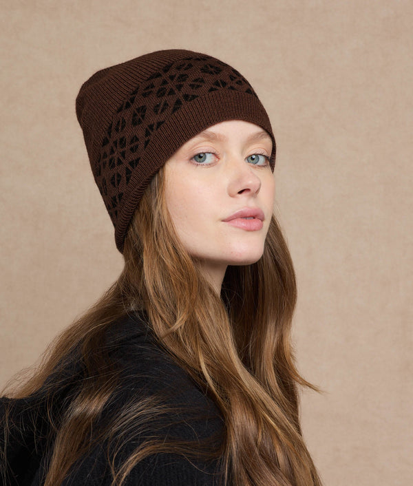 Jacquard & Ribs Reversible Beanie — Dark Brown And Black — dark brown and black baby alpaca by Sol Alpaca