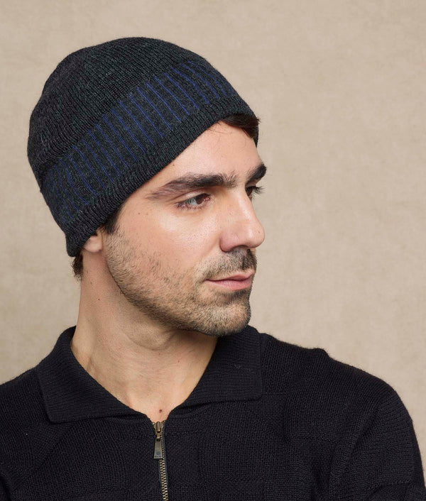 Jacquard & Ribs Reversible Beanie — Carbon Gray And Indigo Blue — charcoal gray and indigo blue baby alpaca by Sol Alpaca