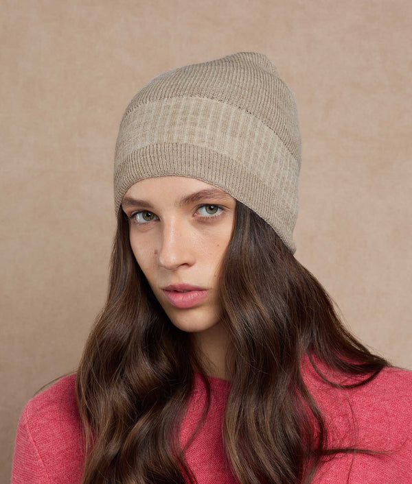 Jacquard & Ribs Reversible Beanie — Almond Cream And Antique White — almond cream and antique white baby alpaca by Sol Alpaca