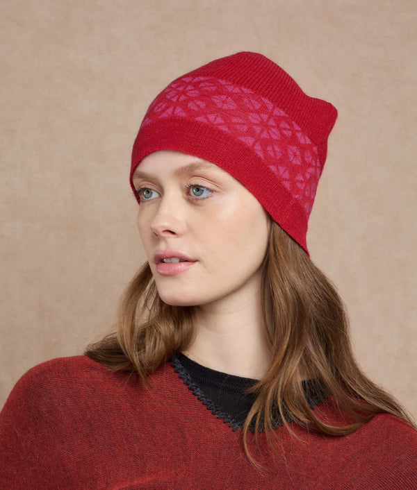 Jacquard & Ribs Reversible Beanie — Deep Red And Soft Fuchsia — deep red and soft fuchsia baby alpaca by Sol Alpaca