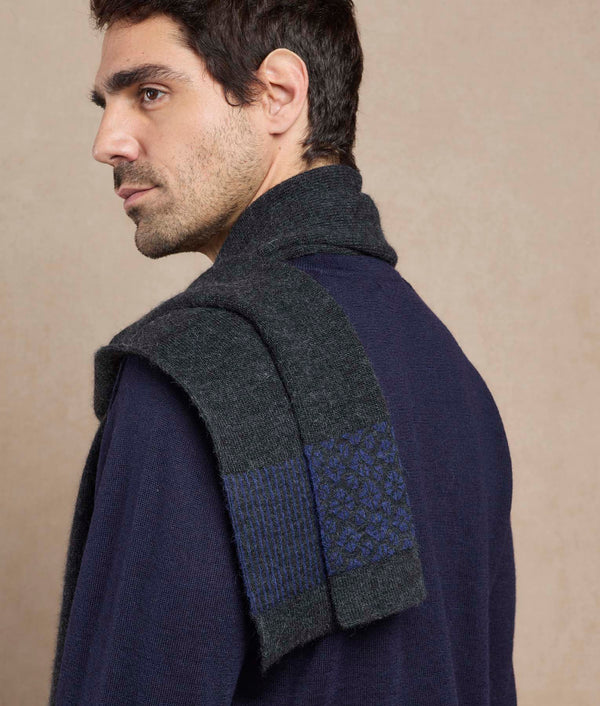 Jacquard & Ribs Scarf — Carbon Gray And Indigo Blue — charcoal gray and indigo blue baby alpaca by Sol Alpaca