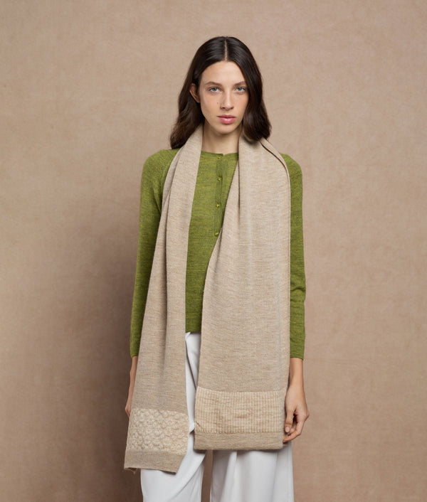 Jacquard & Ribs Scarf — Almond Cream And Antique White — almond cream and antique white baby alpaca by Sol Alpaca