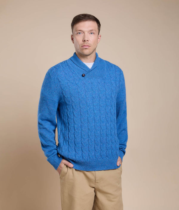 Men's Cable Knit Sweater — Melange Blue — melange blue baby alpaca by Sol Alpaca