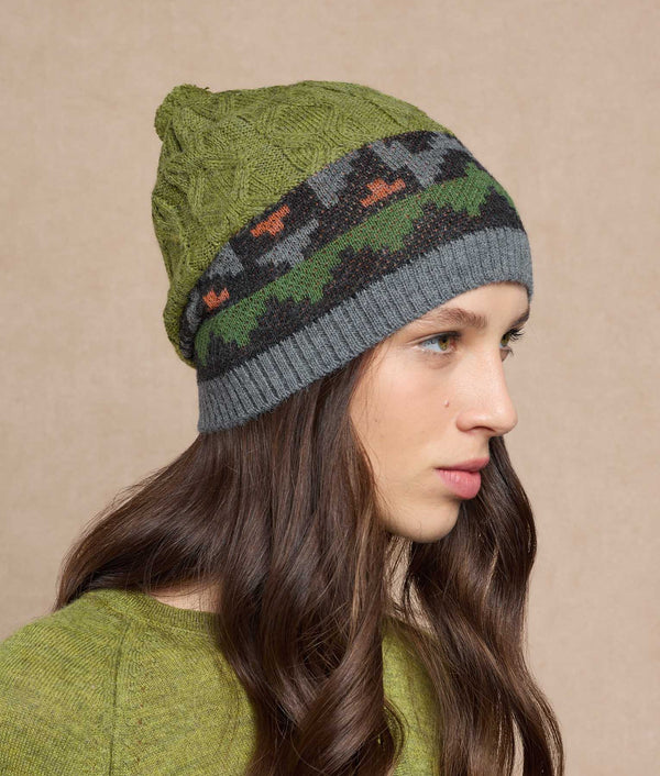 Jacquard Beanie — Olive Green And Steel Gray — olive green and steel gray baby alpaca by Sol Alpaca