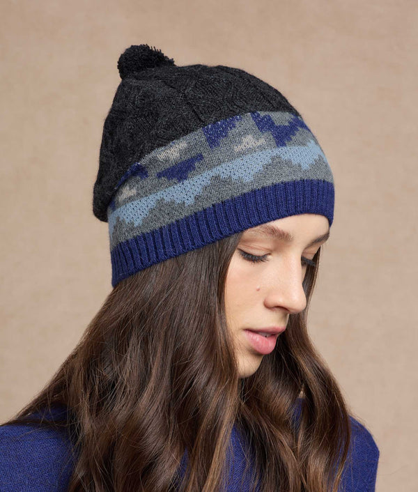 Jacquard Beanie — Dark Blue And Silver Blue — dark blue and silver blue baby alpaca by Sol Alpaca