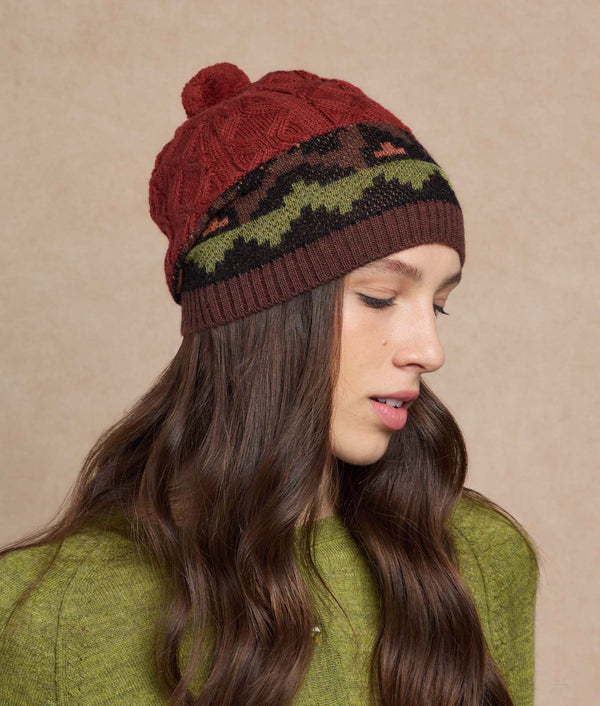 Jacquard Beanie — Brandy Brown And Red Wine — brandy brown and red wine baby alpaca by Sol Alpaca