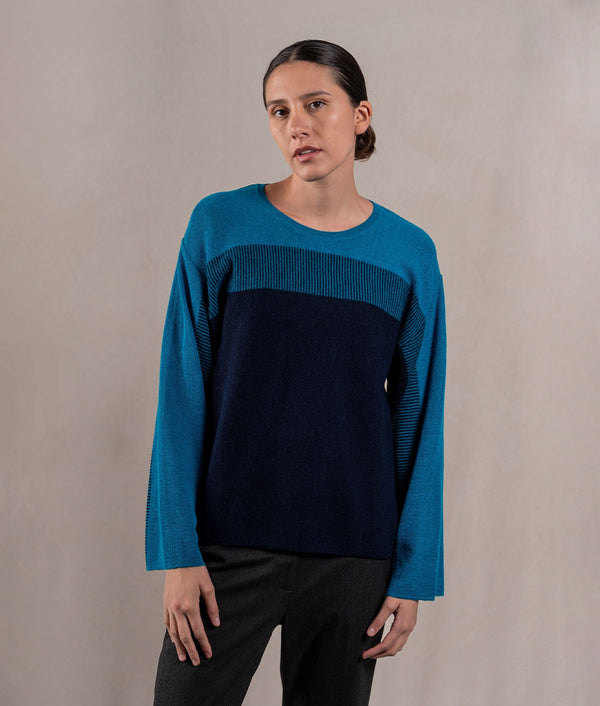 Easy Fit Sweatshirt Sweater - Teal Blue And Midnight Navy — teal blue and midnight navy baby alpaca by Sol Alpaca