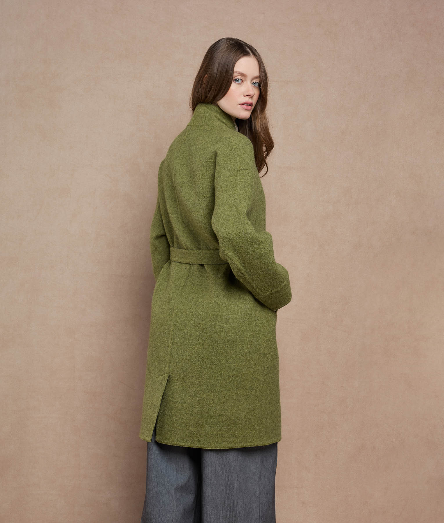 Reversible Buttons Up Wrap Coat - olive green and dark charcoal