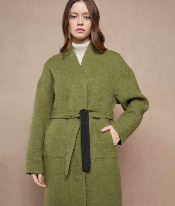 Reversible Buttons Up Wrap Coat - olive green and dark charcoal — olive green and dark charcoal baby alpaca by Sol Alpaca