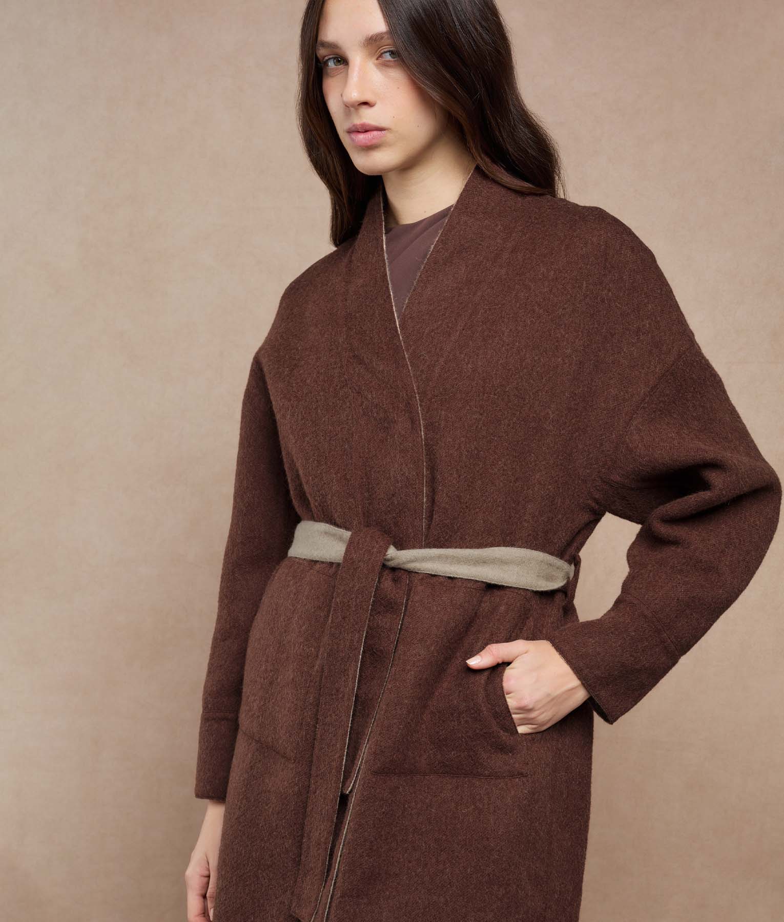 Reversible Buttons Up Wrap Coat - reddish brown and almond cream