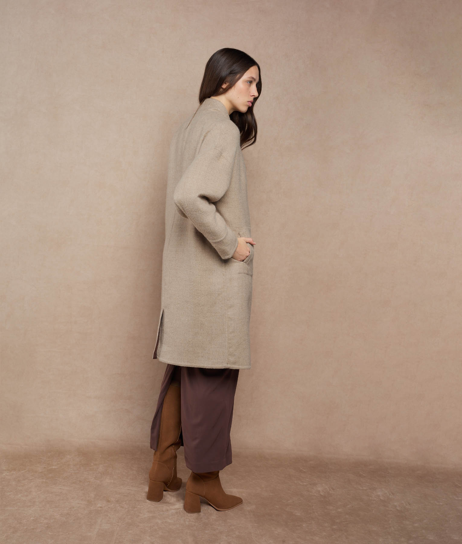 Reversible Buttons Up Wrap Coat - reddish brown and almond cream