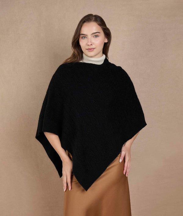 Black Diagonal Cable Stitch Poncho — black alpaca by Sol Alpaca