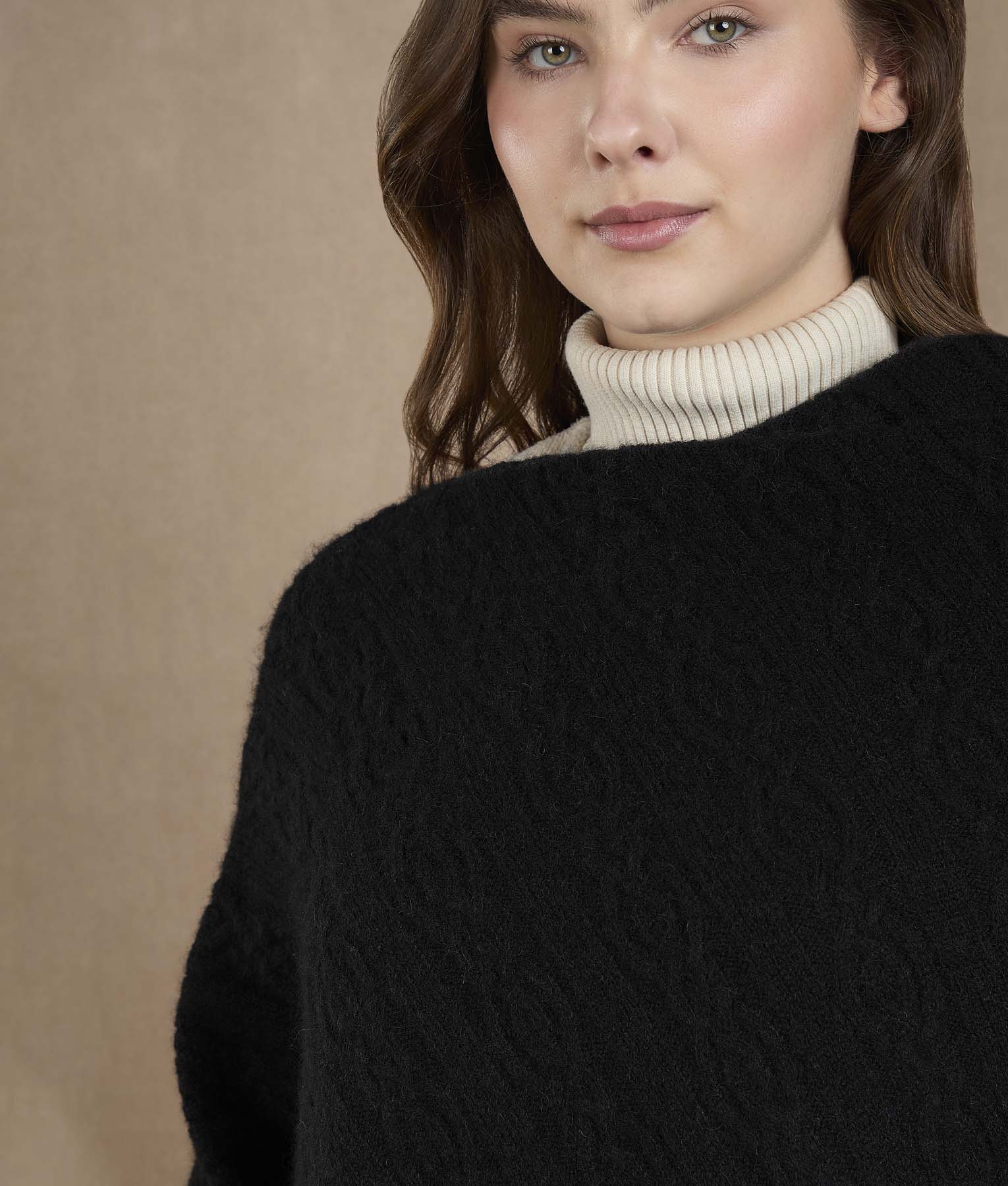 Black Diagonal Cable Stitch Poncho