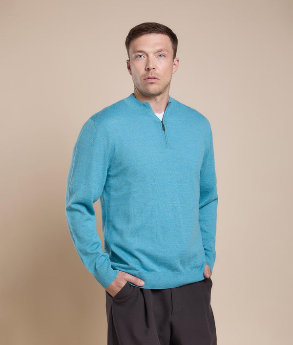 Basic High-Neck Jersey Sweater — Grey Turquoise — grey turquoise baby alpaca by Sol Alpaca