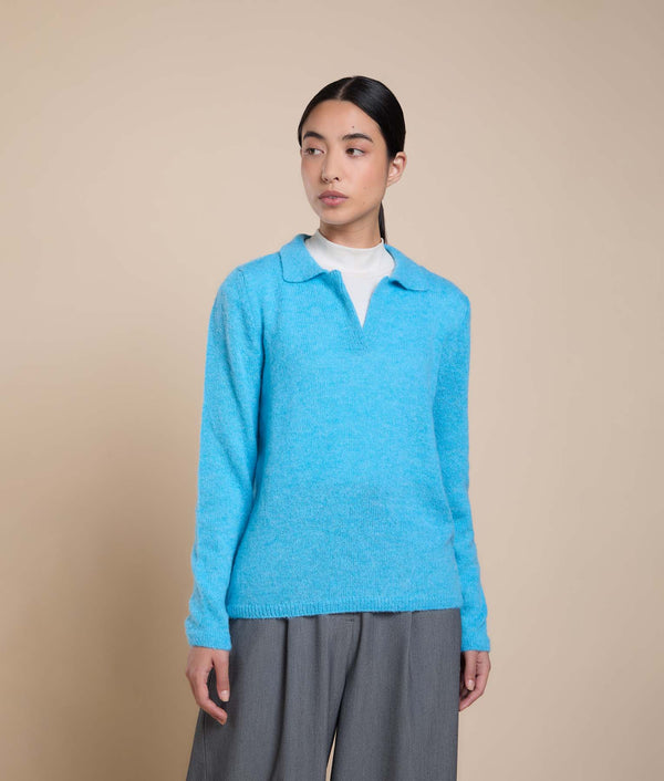 High-Neck Jersey Sweater — Turquoise Blue — turquoise blue baby alpaca by Sol Alpaca