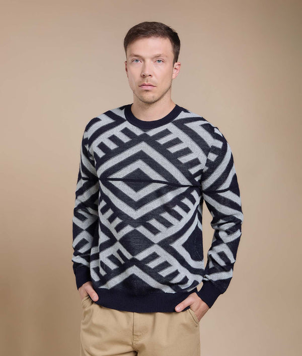 Cross-Diamond Crew Neck Pullover — Navy — navy baby alpaca by Sol Alpaca