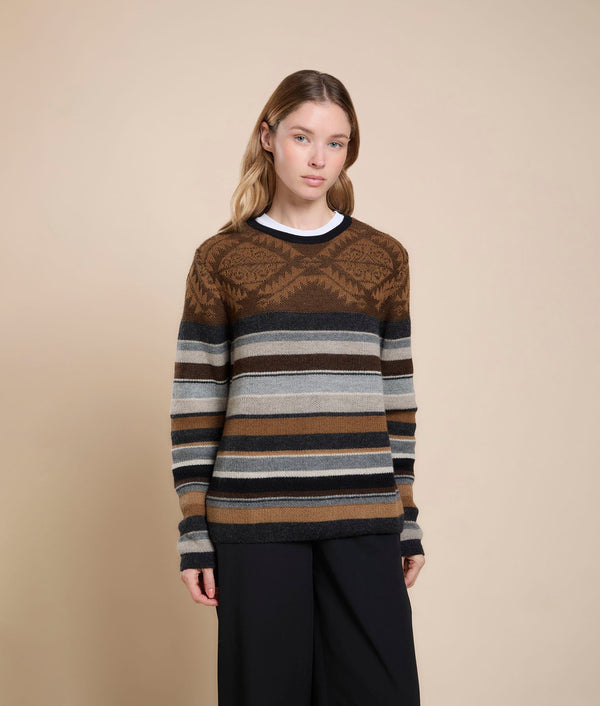 Striped Jacquard Sweater — Dark Cacao — dark cacao baby alpaca by Sol Alpaca