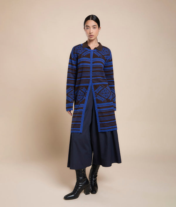 Reversible Long Jacquard Coat — Blue & Black — blue & black baby alpaca by Sol Alpaca