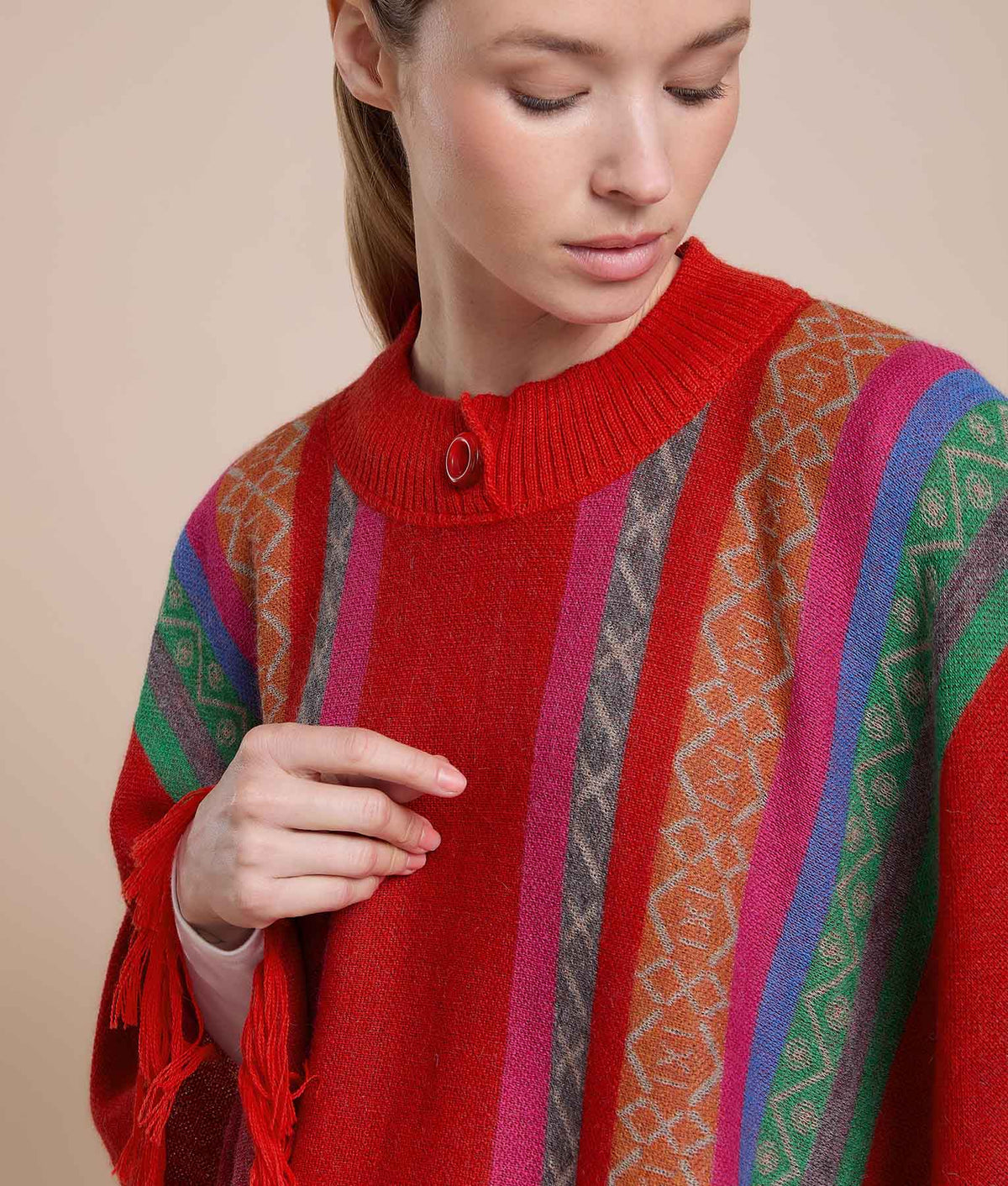 Buttoned Fringe Poncho