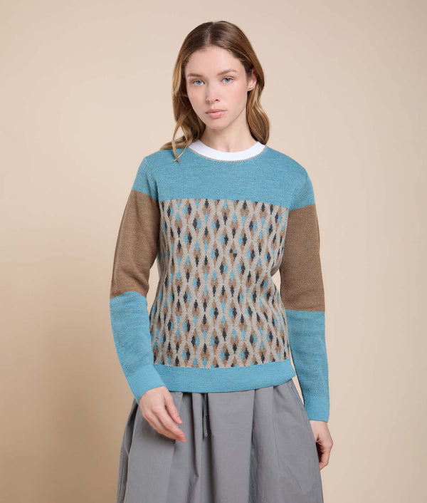 Geometric Jacquard Sweater — Grey Turquoise — grey turquoise baby alpaca by Sol Alpaca