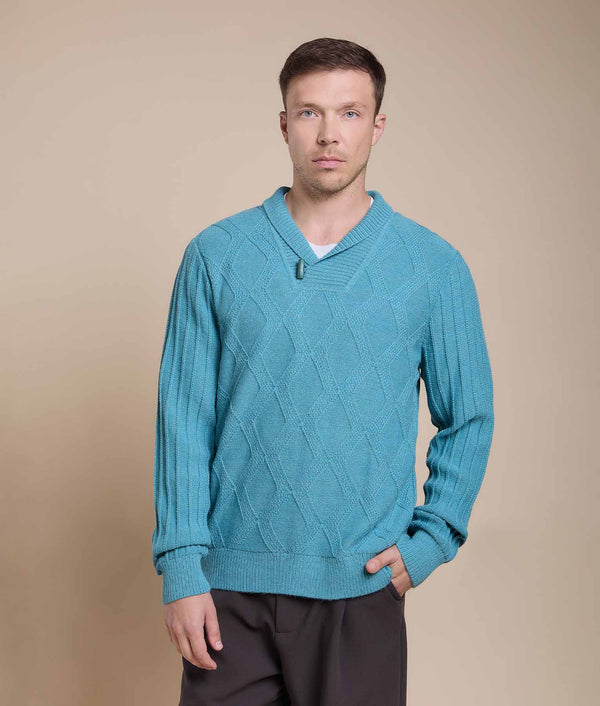 Men's Forest Essence Sweater — Grey Turquoise — grey turquoise baby alpaca by Sol Alpaca