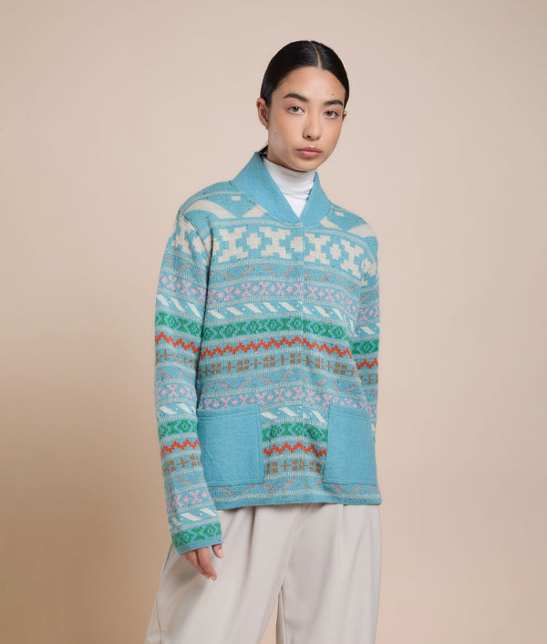 Women's 40's Cropped Cardigan — Grey Turquoise — grey turquoise baby alpaca by Sol Alpaca