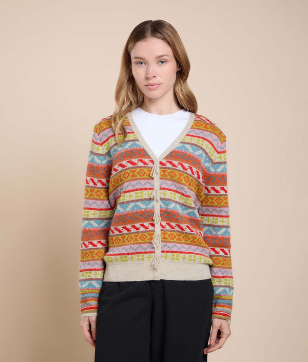 Jacquard Cardigan with Fringe Details — andean multicolor baby alpaca by Sol Alpaca