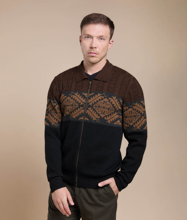 Geometric Jacquard Cardigan — dark cacao & black baby alpaca by Sol Alpaca