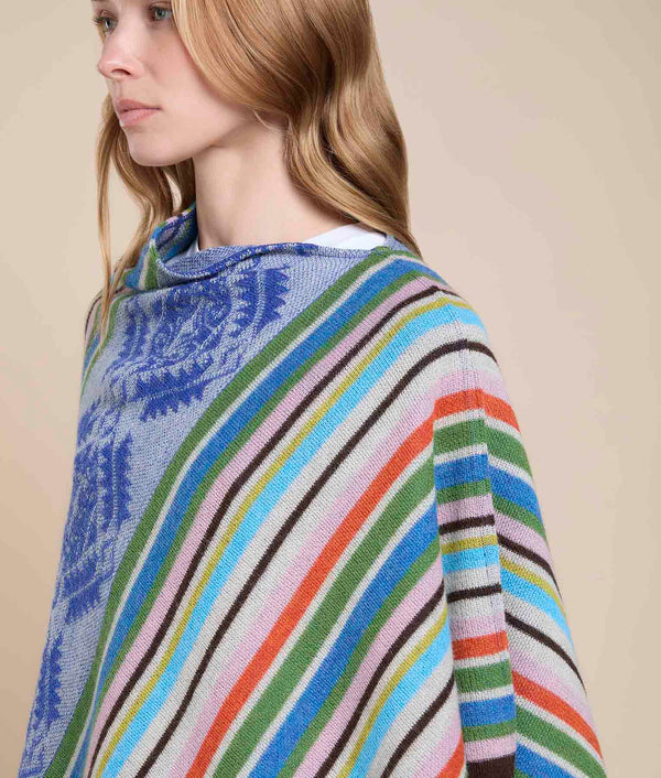 Striped Jacquard Poncho — Vintage Indigo Blue — vintage indigo blue baby alpaca by Sol Alpaca