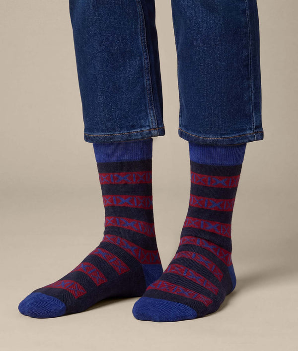 Men's Exices Striped Socks — Cobalt Blue And Burgundy — cobalt blue and burgundy baby alpaca by Sol Alpaca