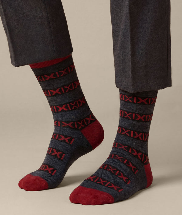 Men's Exices Striped Socks — Charcoal Gray And Rust Red — charcoal gray and rust red baby alpaca by Sol Alpaca