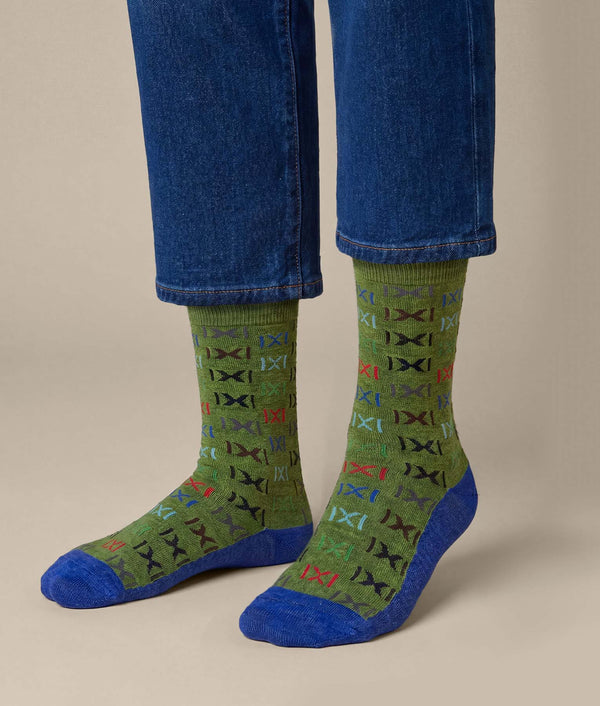 Men's Multi Coloured Crossed Socks — Moss Green And Cobalt Blue — moss green and cobalt blue baby alpaca by Sol Alpaca