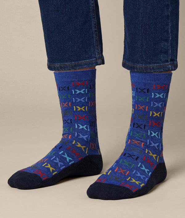 Men's Multi Coloured Crossed Socks — Vibrant Blue And Deep Blue — vibrant blue and deep blue baby alpaca by Sol Alpaca