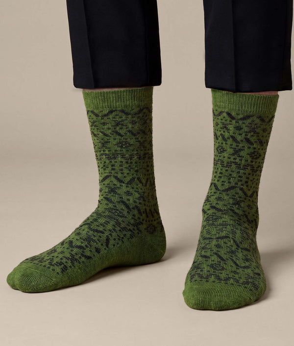 Men's Bicolor Andes Pattern Socks — Moss Green — moss green baby alpaca by Sol Alpaca