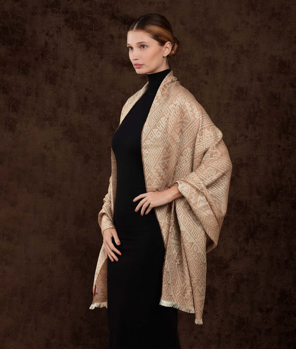 Chancay - El Equilibrio Shawl - Cream And Coffee — cream and coffee baby alpaca by Sol Alpaca