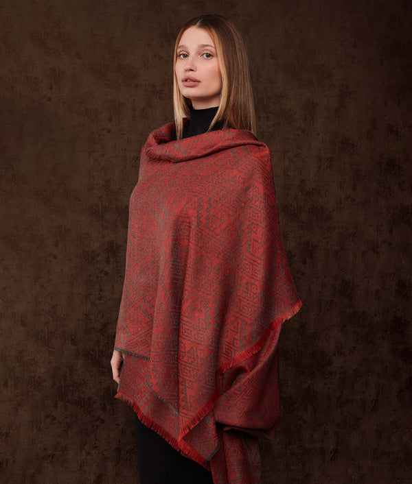 Chancay - El Equilibrio Shawl - Deep Coral And Velvet Gray — deep coral and velvet gray baby alpaca by Sol Alpaca