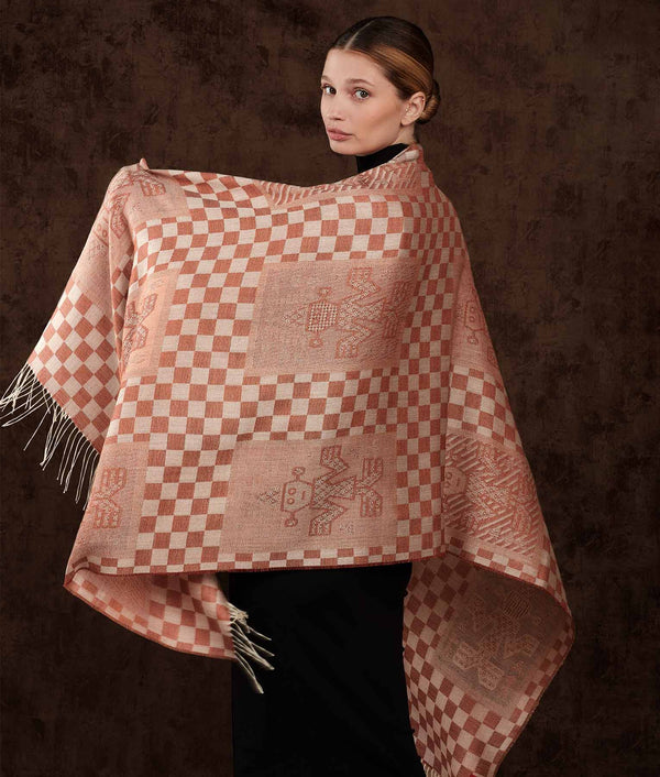 Chimu Checker Shawl — Bone And Ocher — bone and ocher baby alpaca by Sol Alpaca